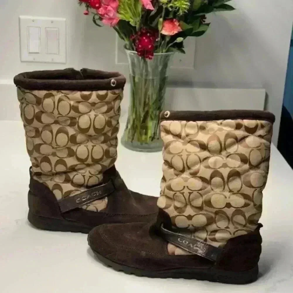 Coach Juniper Brown Suede Signature Jacquard Winter Boots Women's Size 8B